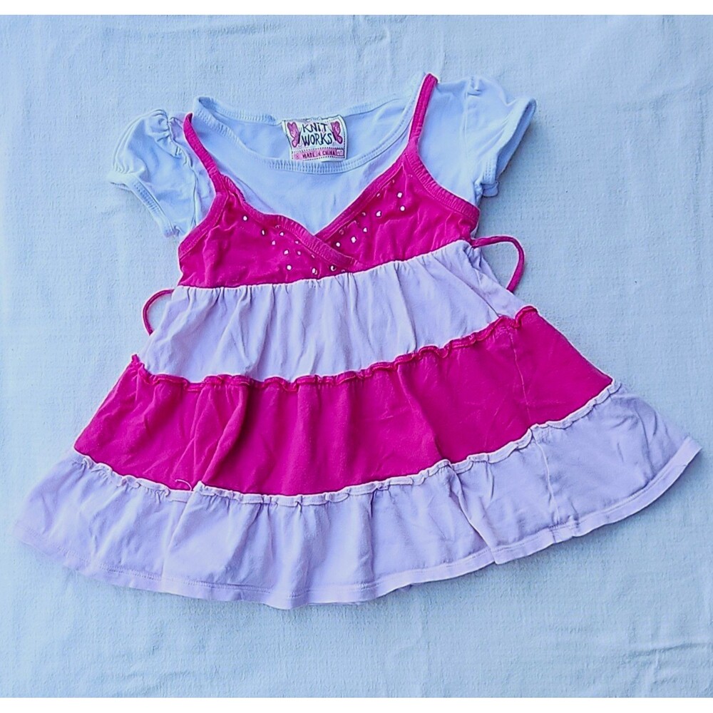 Knit Works Girls Size 5 Pink White Colorblock Fit & Flare V-Neck Ruffle